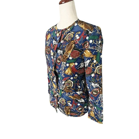 Vtg Women Golf All Over Print Top Topper Silky Elegant Button Front Country Club - Picture 2 of 11